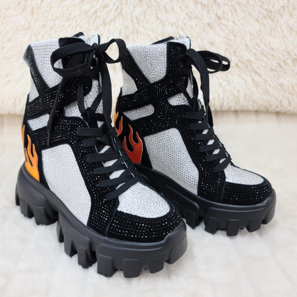 Rhinestones Lace Up Hidden Wedge Women's Combat Boots